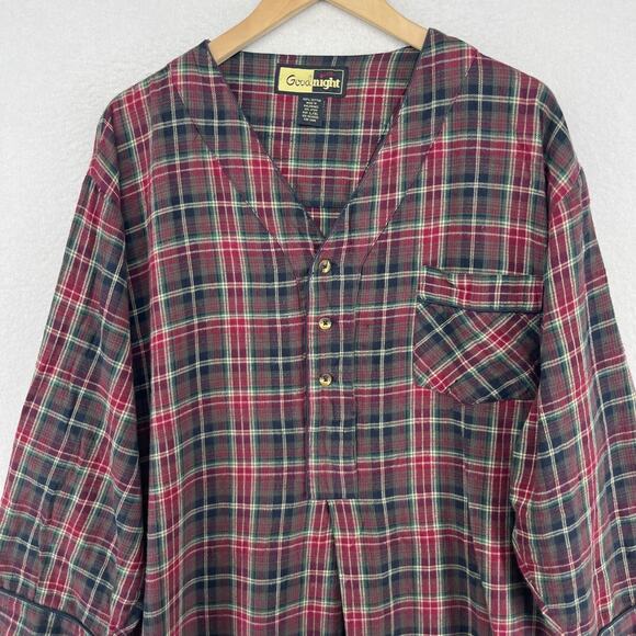 GOODNIGHT Nightshirt Mens L-XL Flannel Plaid Long Sleeve Pajama PJ Cotton Red - Picture 3 of 14